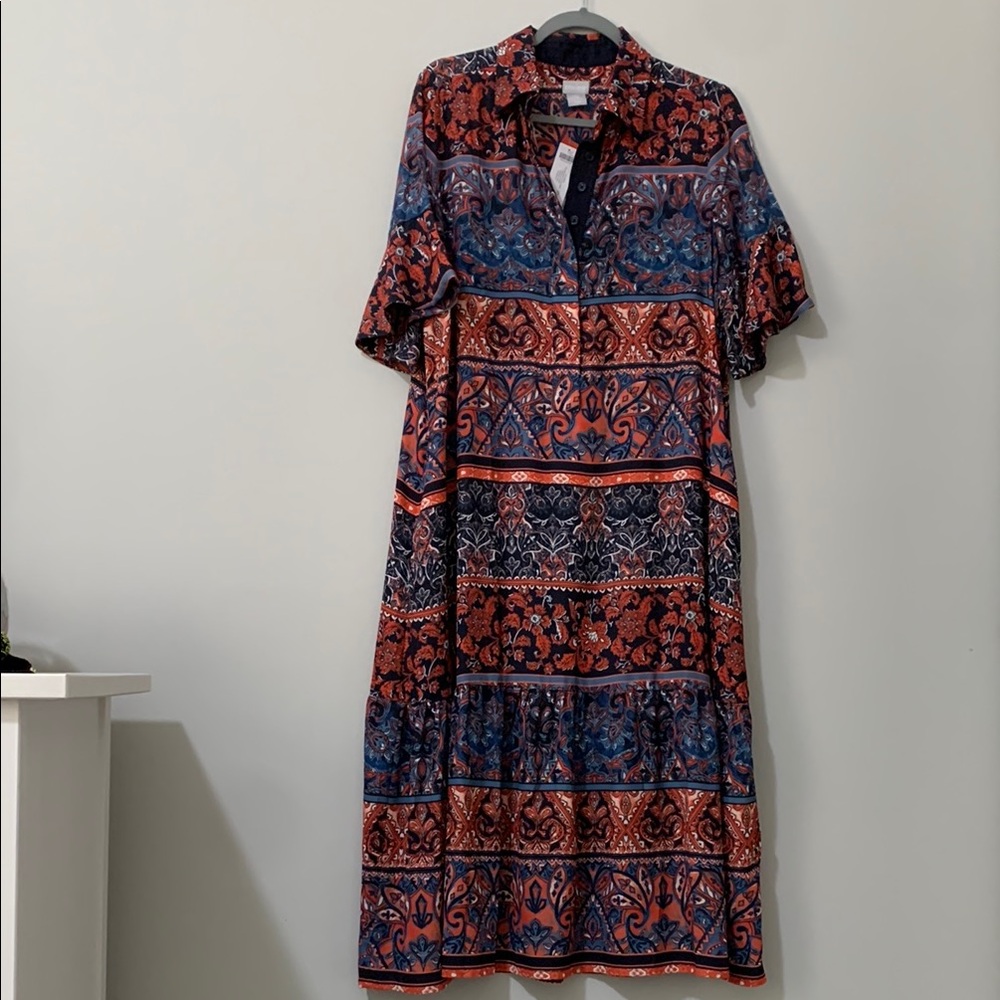 NWT Chico’s Women’s Floral Multicolor Patterned Midi Shirt Dress